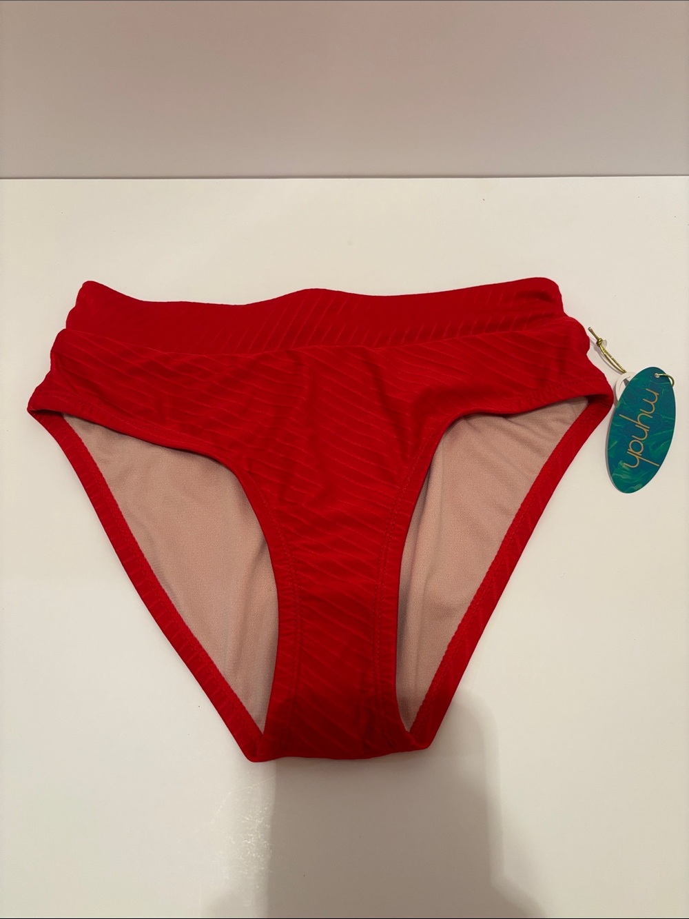 Mynah Women Bikini Bottom Red High Rise Ribbed Textured Medium Coverage Size XS